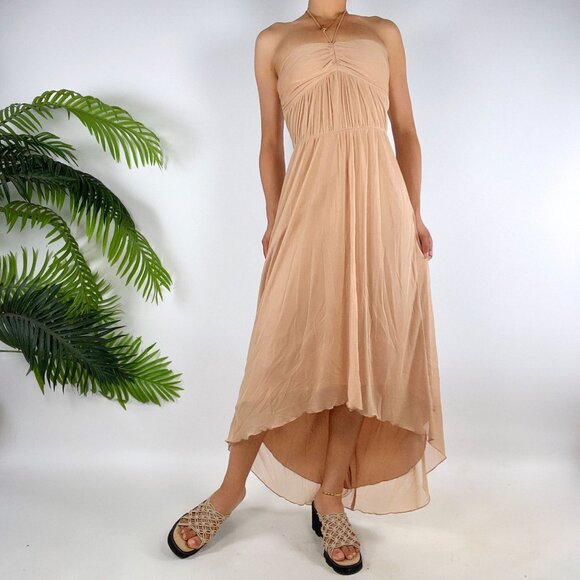 Vintage Y2K Strapless Tan Fairycore Boho High Low Flowy Midi Sun Dress / Small - Picture 3 of 8